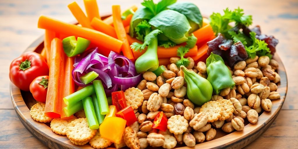 Colorful low sodium snacks on a wooden platter.