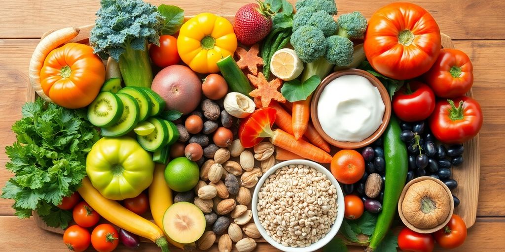 Colorful healthy foods for a longevity diet.