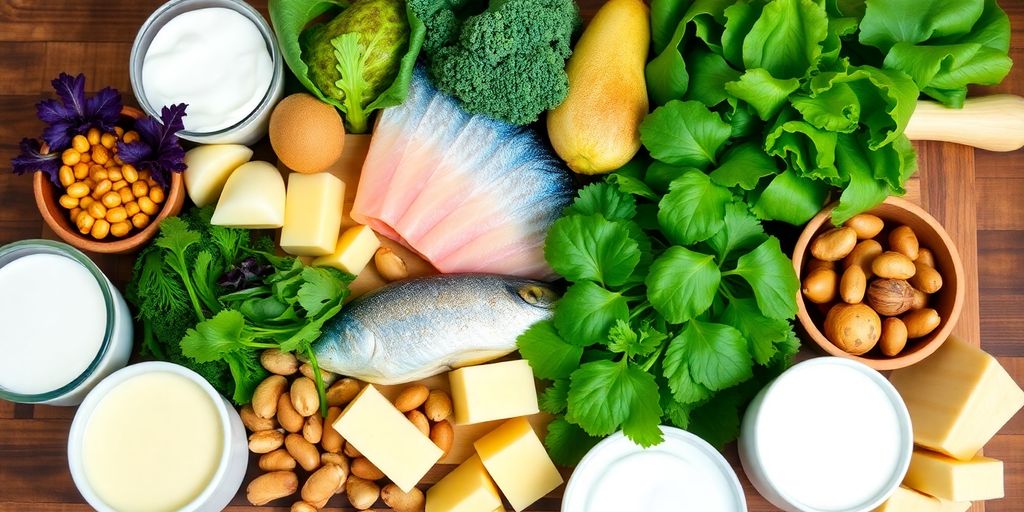 Colorful foods rich in calcium, magnesium, and vitamin D.
