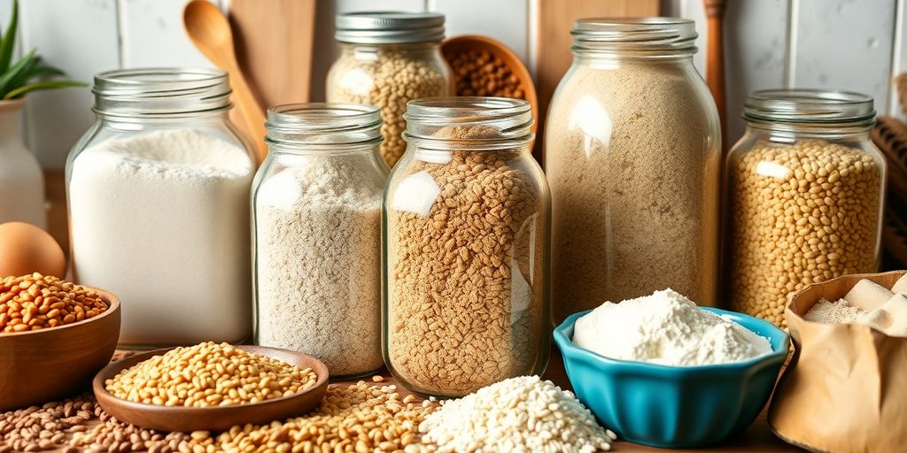 Colorful whole grain flours in jars with grains and tools.