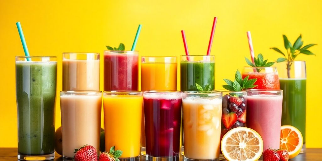 Colorful healthy morning drinks in glasses on a table.
