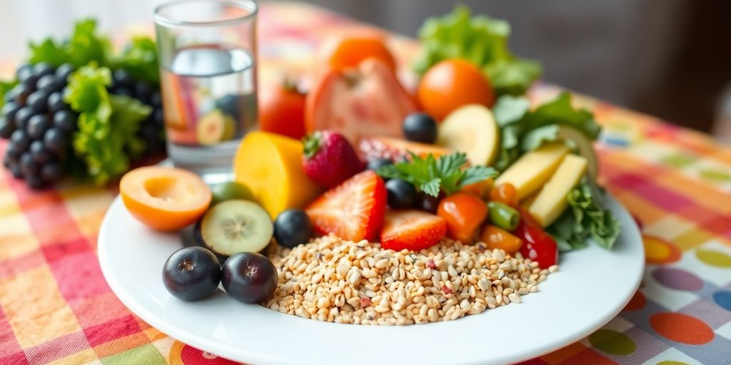 Fresh fruits and vegetables on a colorful plate for nutrition.