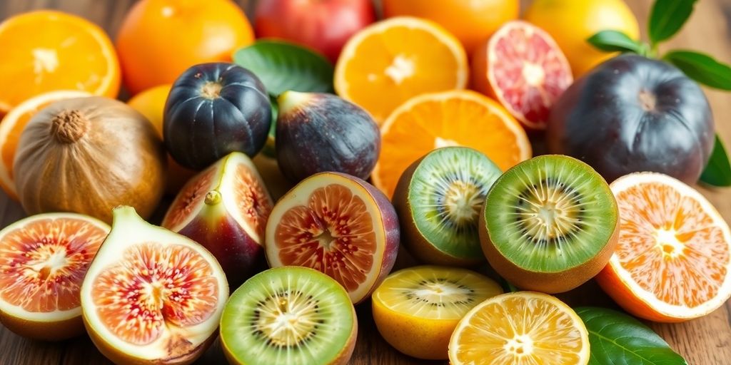 Colorful display of calcium-rich fruits on a wooden table.