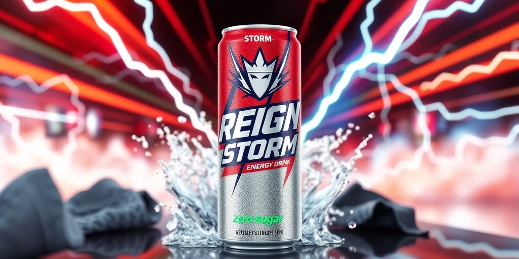 Reign Storm Energy Drink can with dynamic background.