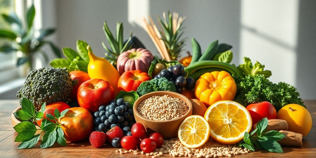 Fresh fruits and vegetables rich in prebiotics on table.