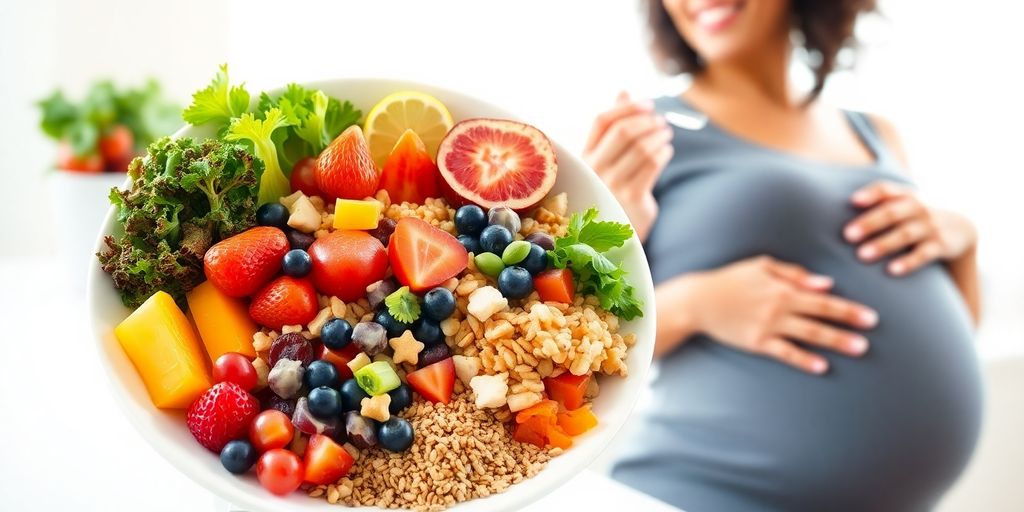 Pregnant woman enjoying a colorful, nutritious meal on a plate.