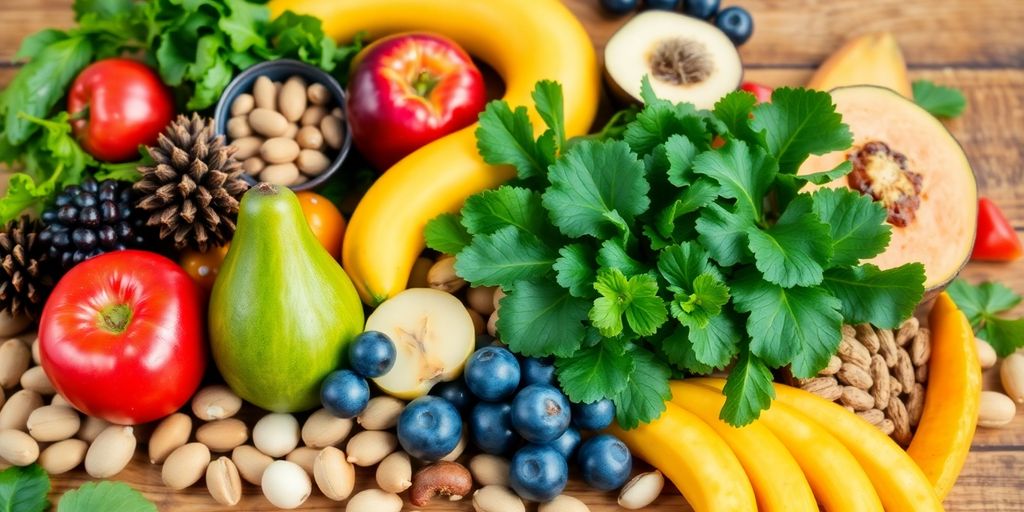 Colorful arrangement of fresh energy-boosting foods.