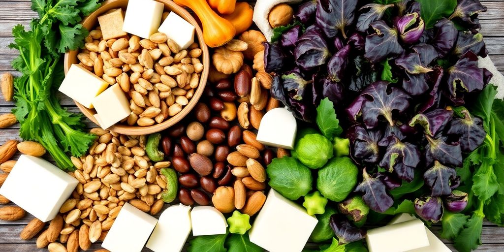 Healthy foods rich in iron and calcium on a table.