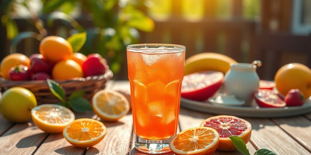 Refreshing morning energy drink with fruits and sunlight.