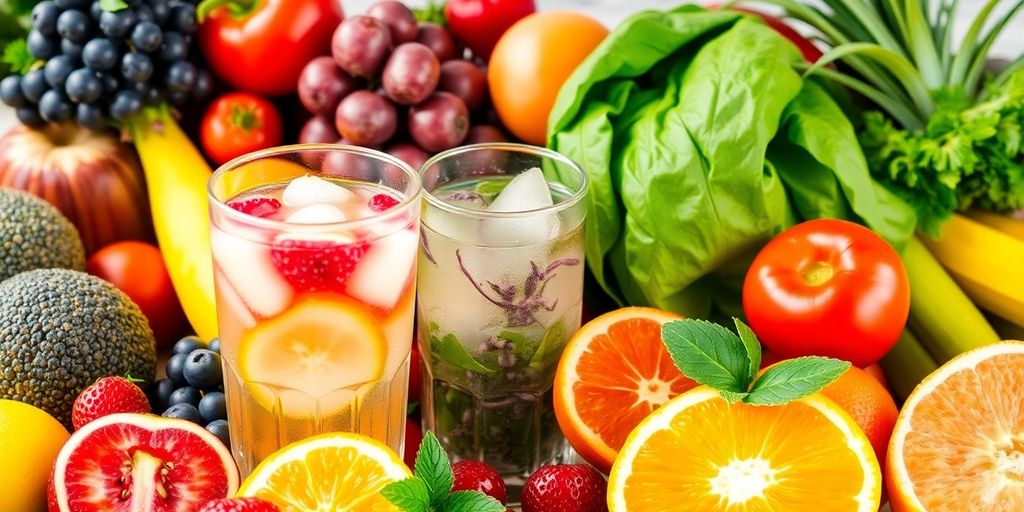 Fresh fruits, vegetables, and herbal tea promoting healthy drinks.