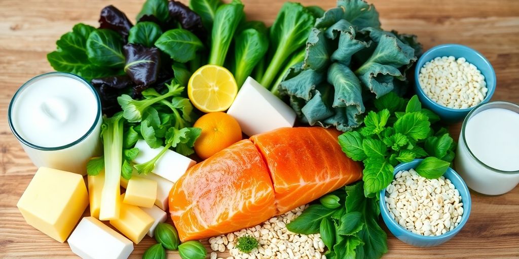 Colorful foods rich in calcium and vitamin D on table.