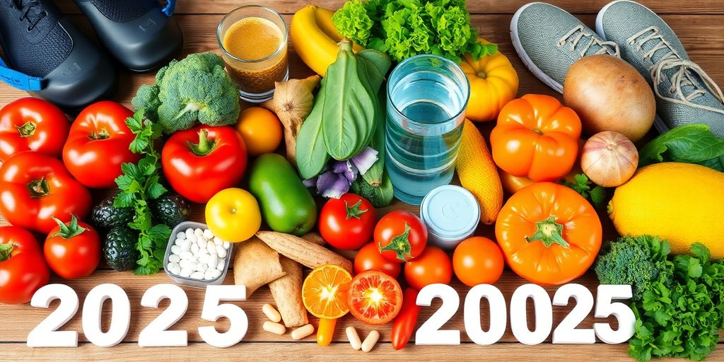 Healthy foods and wellness items on a rustic table.