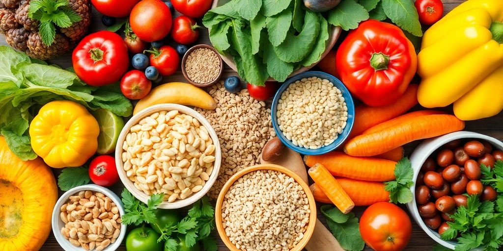 Colorful display of healthy foods on a wooden table.