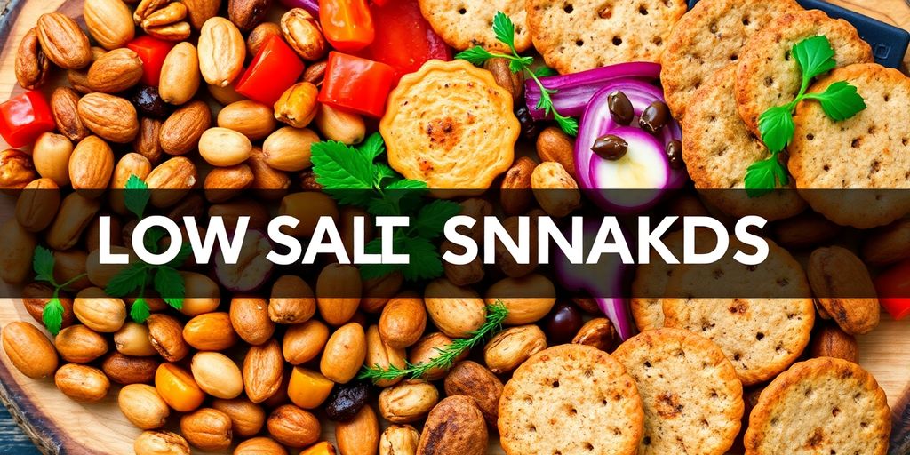 Assorted low salt savory snacks on a wooden platter.