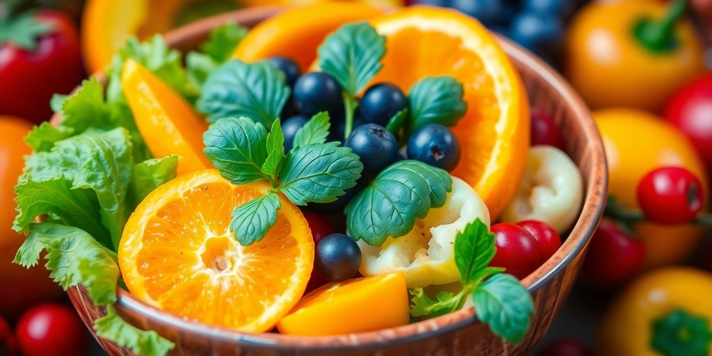 Colorful fruits and vegetables in a vibrant bowl.