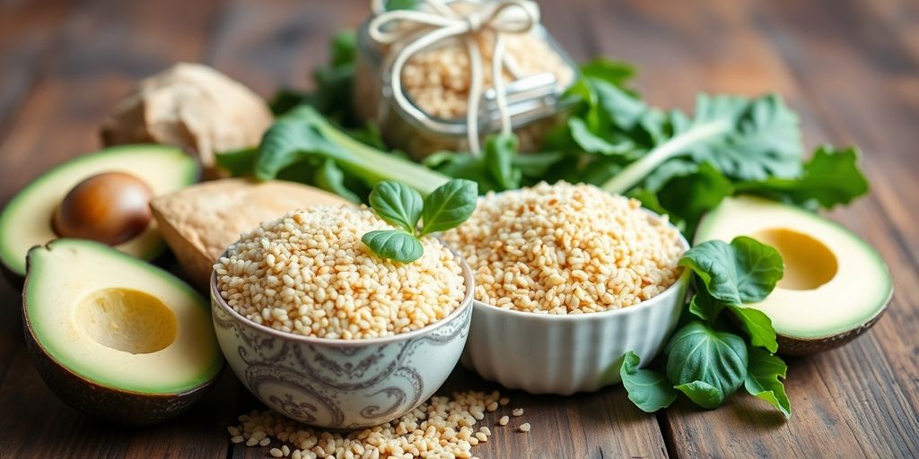 Gluten-free grains and healthy foods on a wooden table.