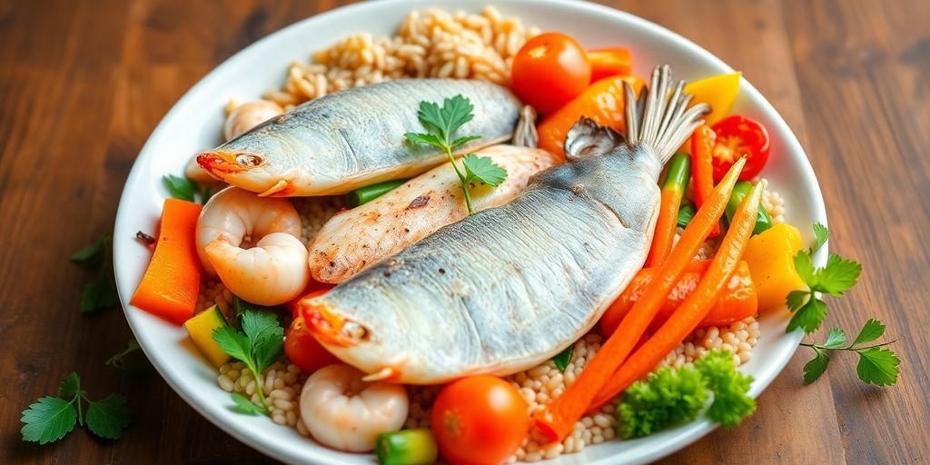 Fresh seafood and vegetables on a colorful plate.