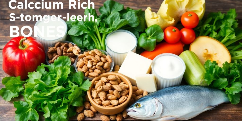Assorted calcium-rich foods on a wooden surface.