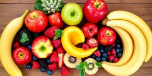 Colorful fruits promoting digestive wellness on a wooden table.