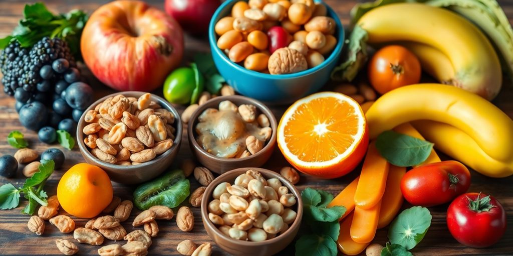 Colorful low sodium snacks on a wooden table.