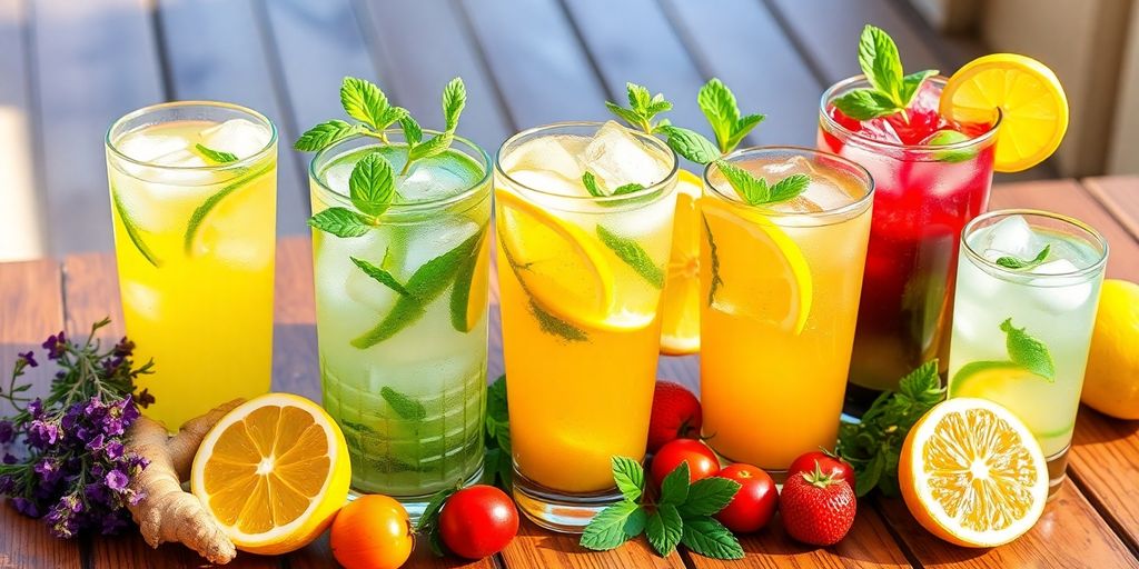 Assorted soft drinks promoting gut health on a wooden table.