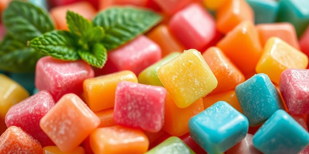 Colorful chewing gum pieces with fresh mint leaves background.