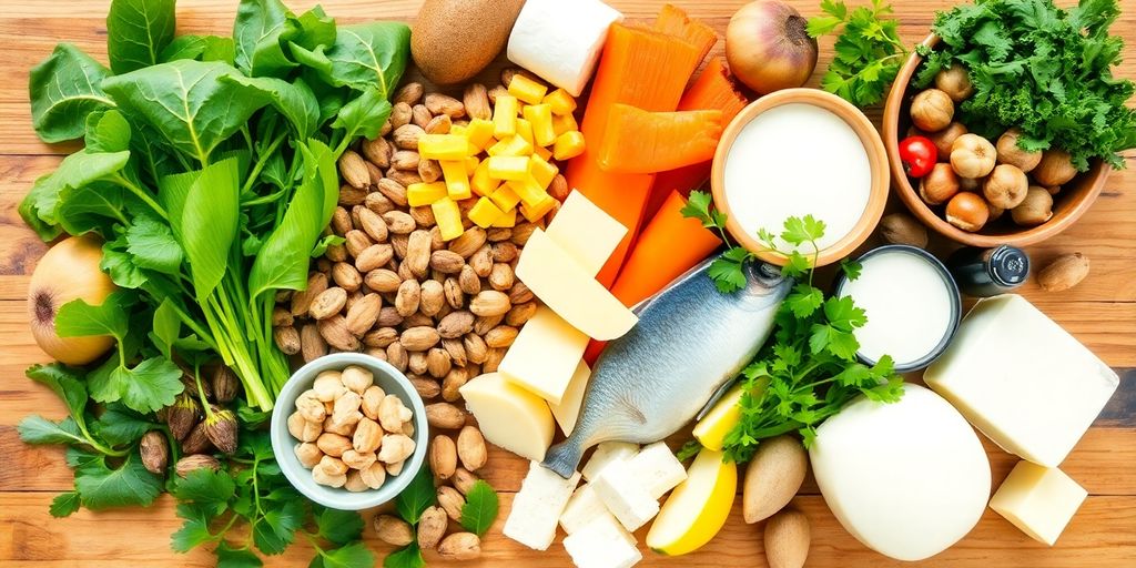 Assorted foods rich in calcium, magnesium, and vitamin D.