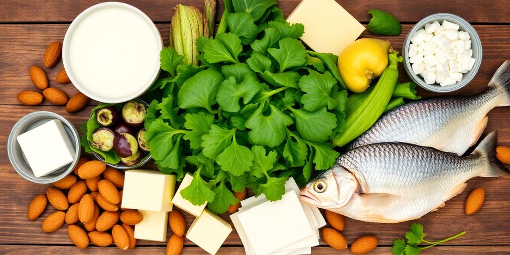 Calcium-rich foods including greens, dairy, nuts, and fish.