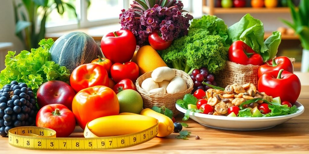 Colorful fruits and vegetables with a measuring tape on table.