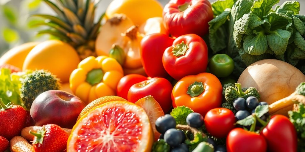 Colorful fruits and vegetables on a wooden surface.