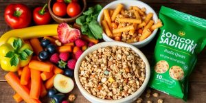 Colorful low sodium snacks on a rustic wooden table.