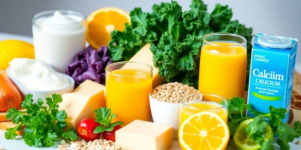 Calcium-fortified foods on a wooden table.