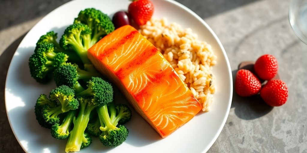 Colorful plate with heart-healthy foods.