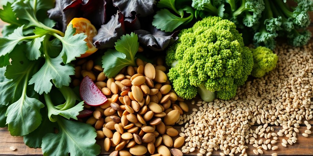 Assorted green vegetables and nuts.