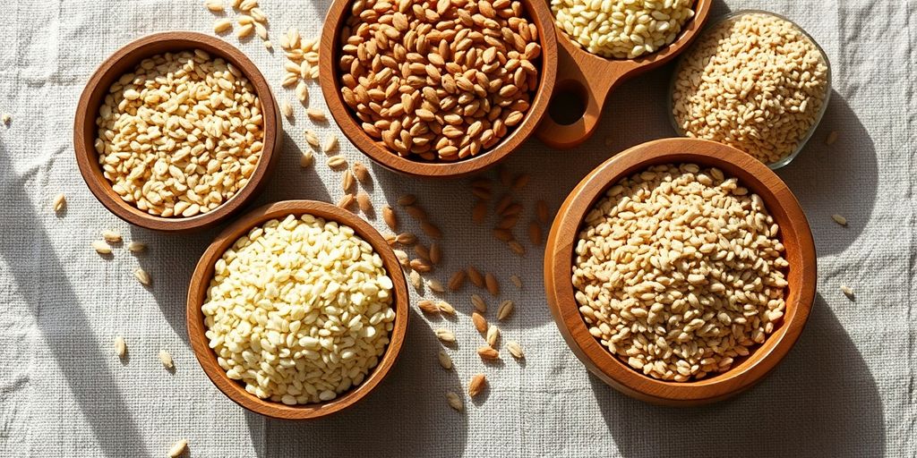 Assortment of whole grains in bowls.