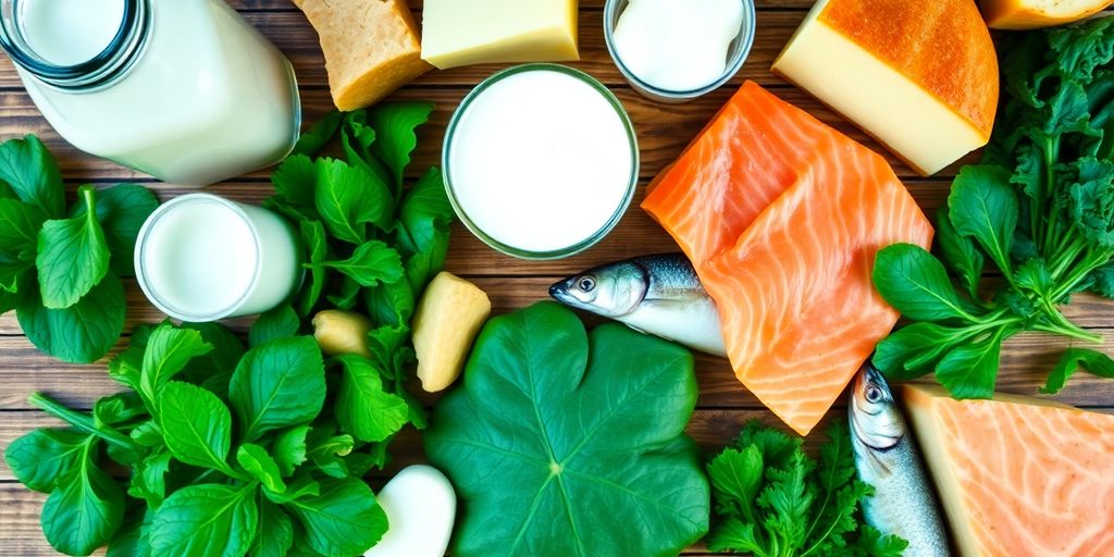 Assorted calcium-rich foods on a wooden table.