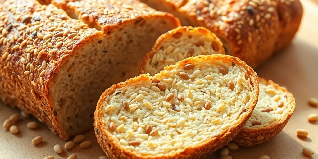 Nutritious sprouted bread slices with grains.