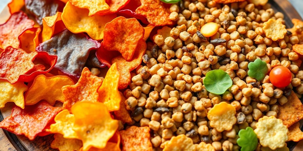 Assortment of vibrant, colorful low-sodium chips and snacks.