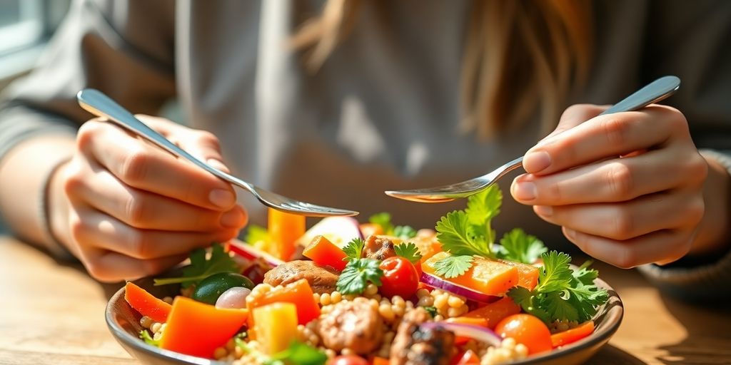 Person mindfully eating, colorful, healthy food.