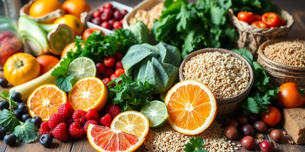 Colorful array of gut-healthy foods