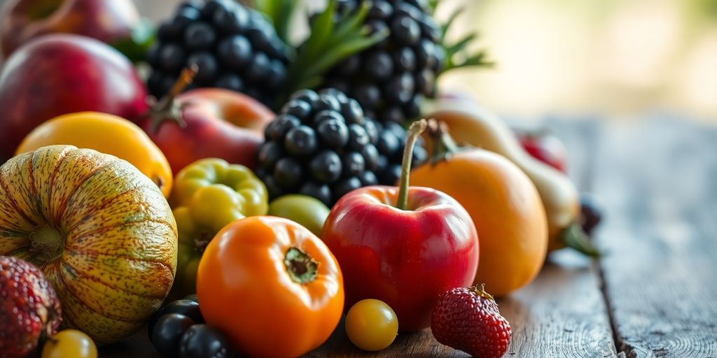 Ripe, colorful fruits arranged on a wooden table.