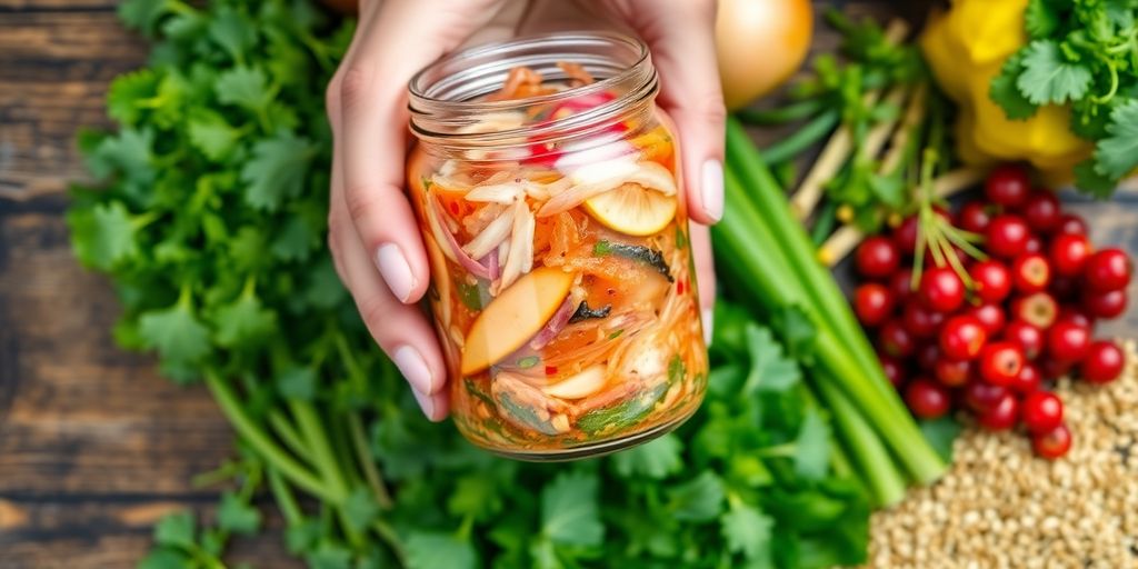 Healthy gut: vibrant fruits, vegetables, probiotics