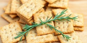 Unsalted wheat crackers stacked with fresh herbs.