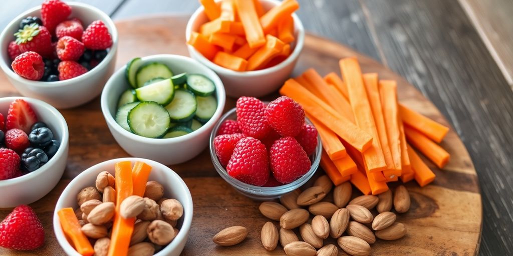 Colorful low-sodium snacks, fresh fruit, vegetables, nuts.