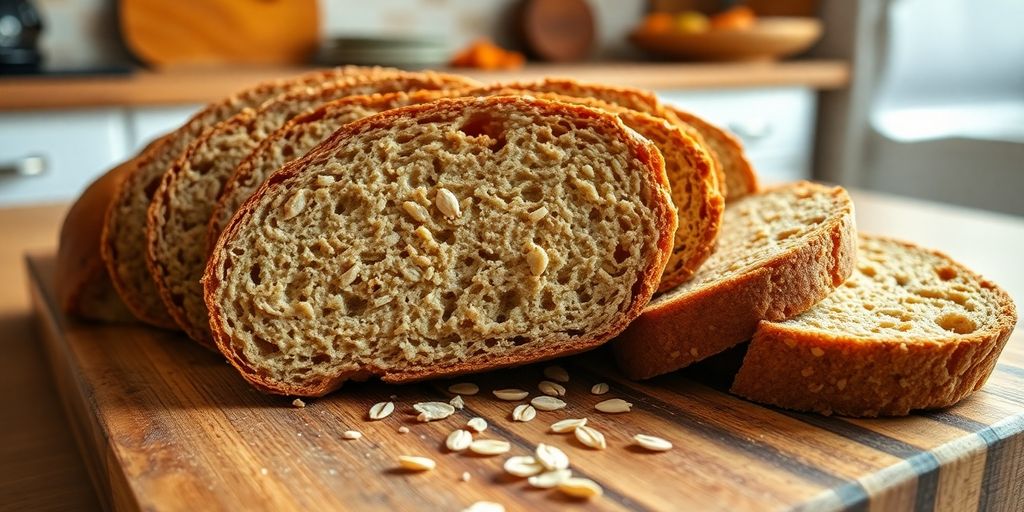 Whole grain bread slices on cutting board.