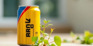 Energy drink can next to a wilting plant.