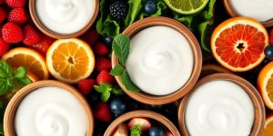 Colorful fruits, vegetables, and yogurt in bowls.