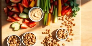 Colorful, healthy, no-sodium snacks on a wooden board.